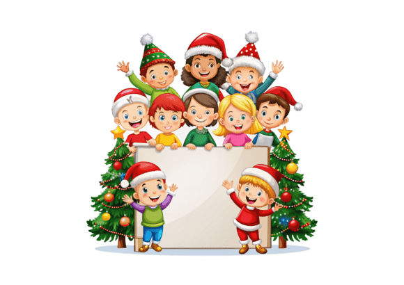 Board Template with Happy Christmas Kids and Illustrations
