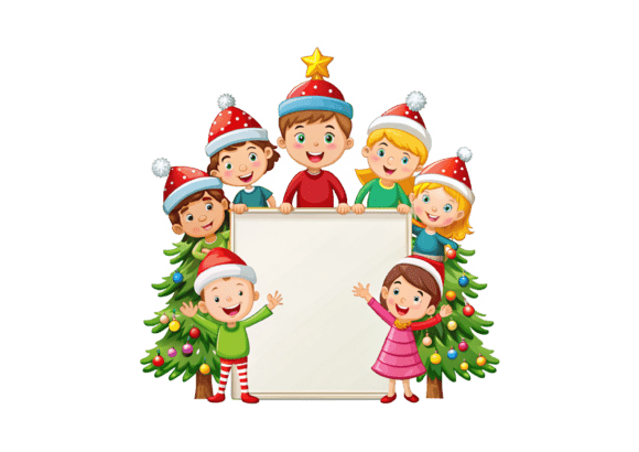 Board with Elf and Christmas Tree PNG