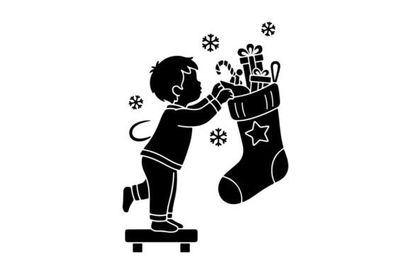 Boy Holding Giant Christmas Stocking Vec Illustrations