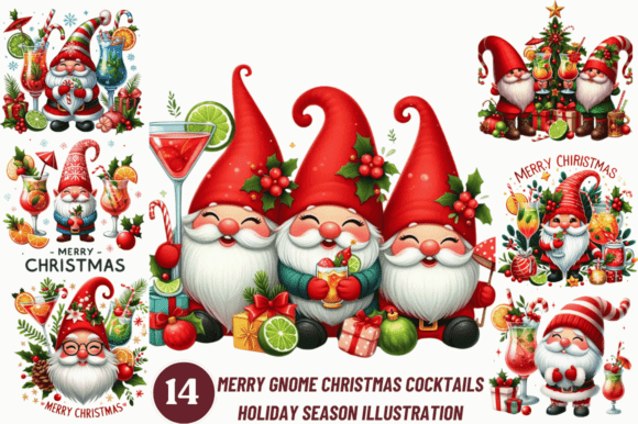 Merry Gnome Christmas Cocktails Clipart for Festive Branding and Local Business Design