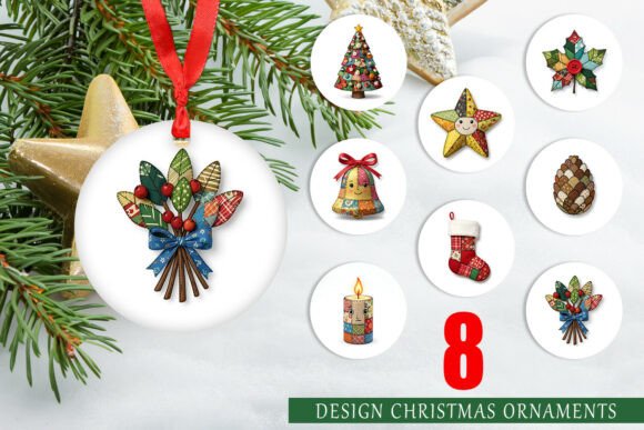 Patchwork Christmas Folk Art Ornament Illustrations