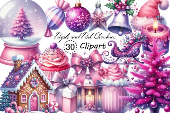 Purple and Pink Christmas Clipart for Vibrant Editorial Design
