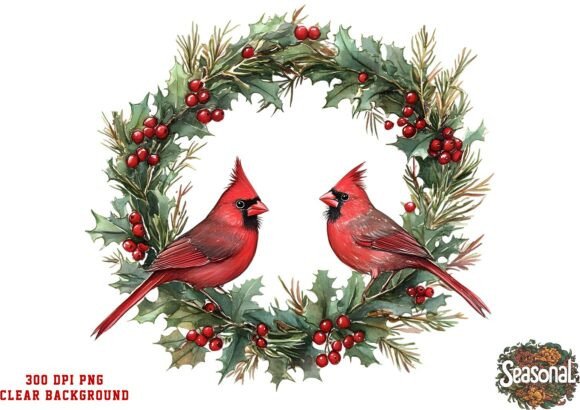 Twin Cardinals Christmas Wreath Clipart: A Festive Graphic Design Asset