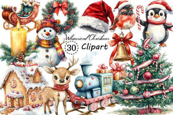 Watercolor Whimsical Christmas Clipart for Creative Design Projects