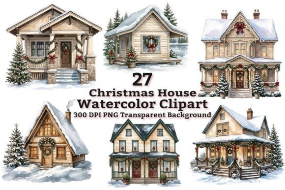 Winter Christmas House Clipart: A Seasonal Graphic Design Asset for Content Creators